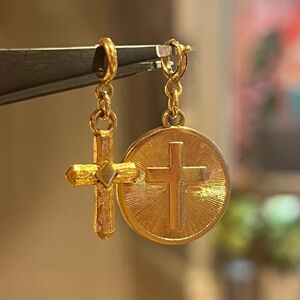 Vintage Monet Gold Tone Cross Charm Bundle Signed Religious Spring Ring Pair